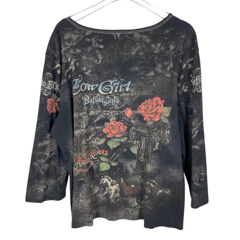 Y2K Cowgirl Rhinstone Shirt Top Roses Buffalo Bill Festival Boho Size Large - Picture 4 of 6